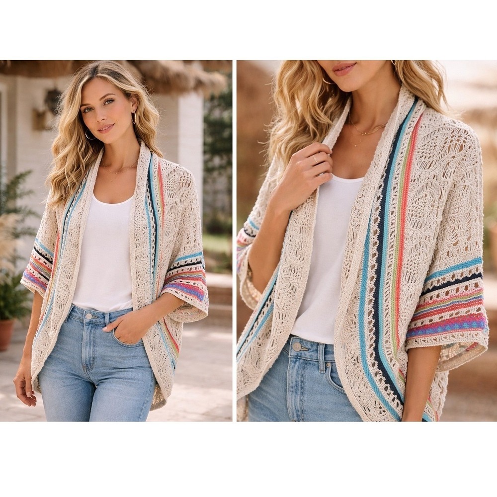 Nic & Zoe Cardigan Open Weave Short Sleeve S / M Round‎ Cowl Sweater Shrug Wrap